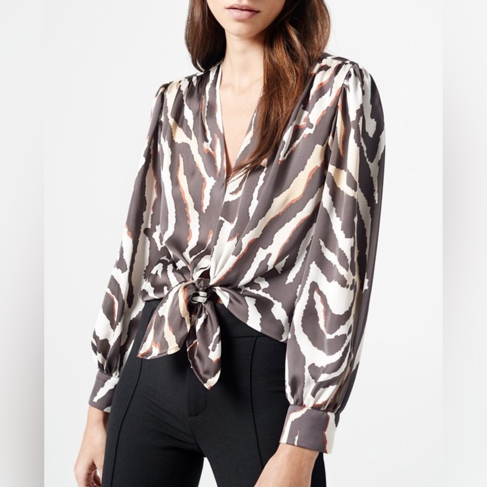 Smythe Zebra Print V Neck Satin Blouse in Black and Cream .